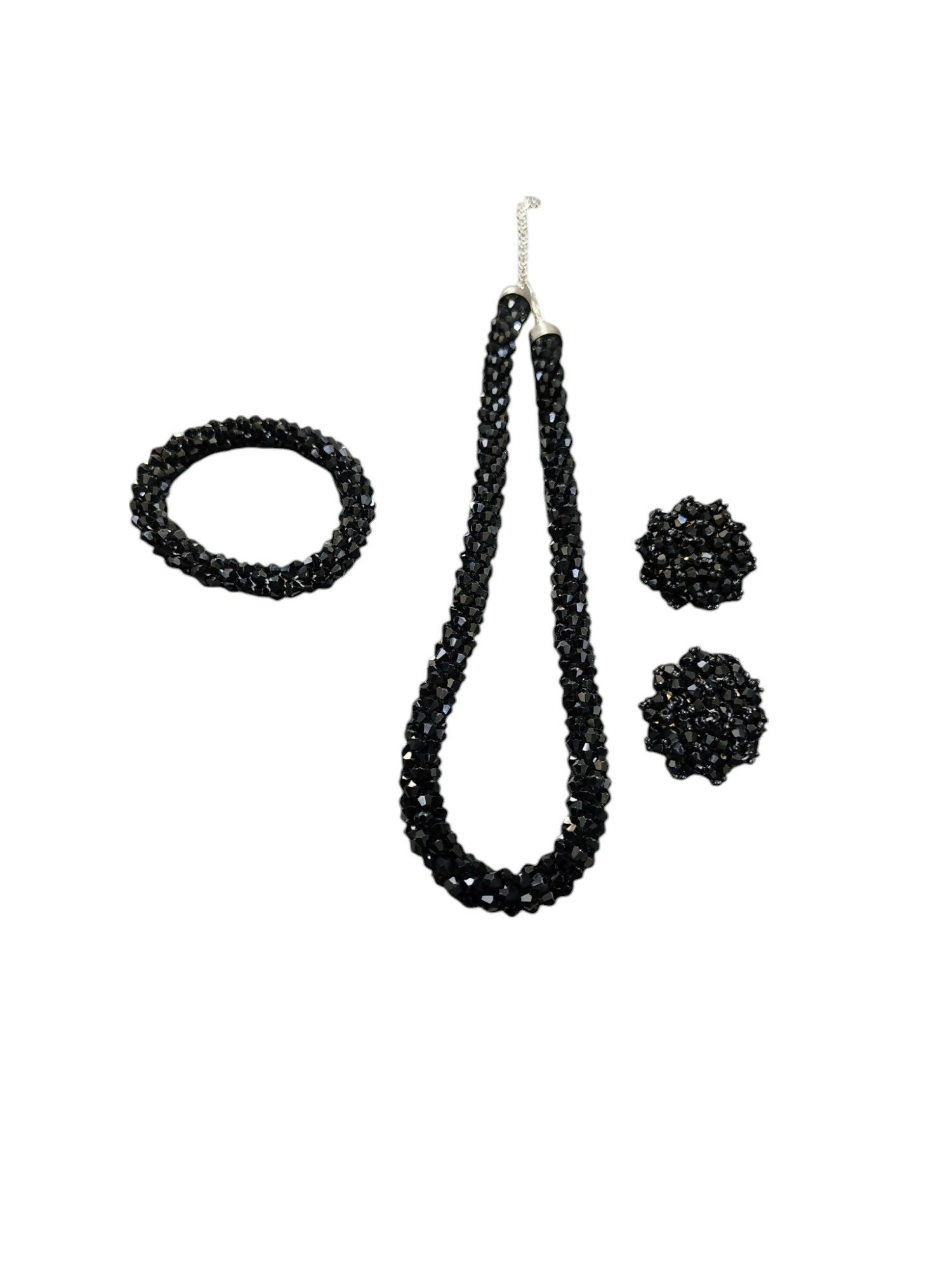 Inhanns Complete Look Crystal Statement 3-Piece Set (Adjustable Necklace + Earrings + Adjustable Bangle ) - Black | Grocsy