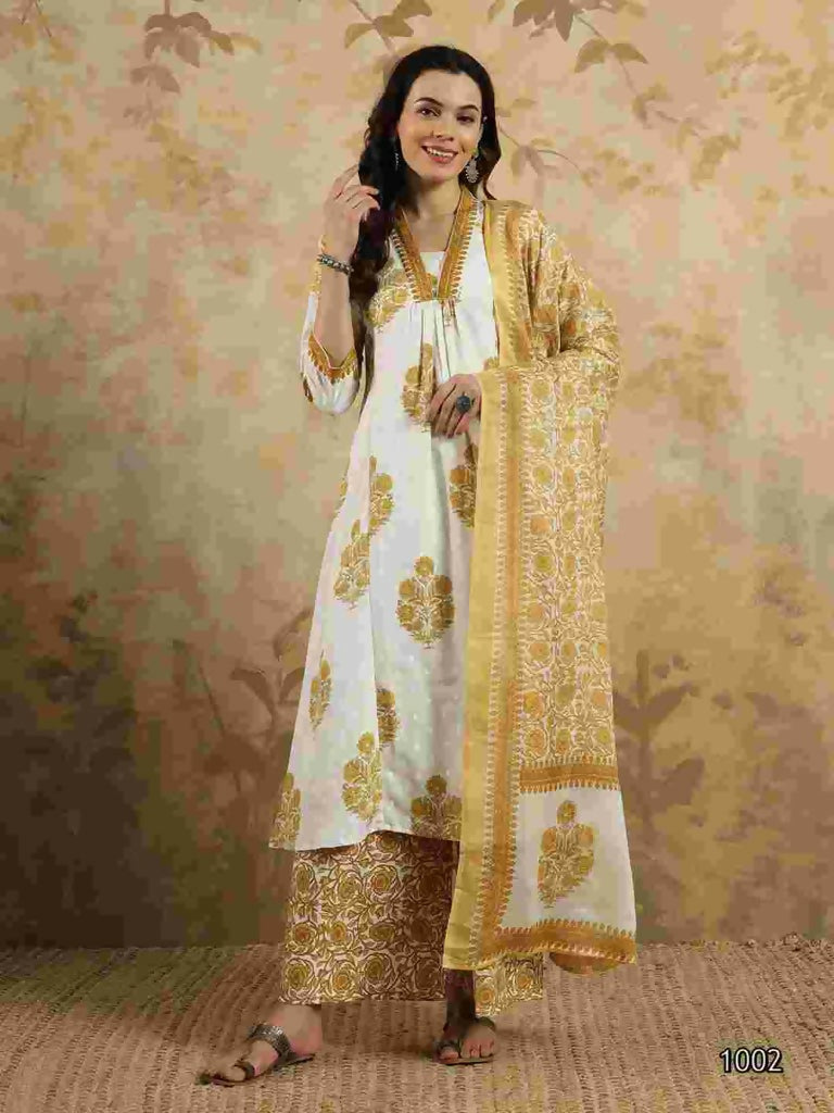 Yellow Cotton Blend Printed Anarkali Suit with Dupatta - Rashmika | Grocsy