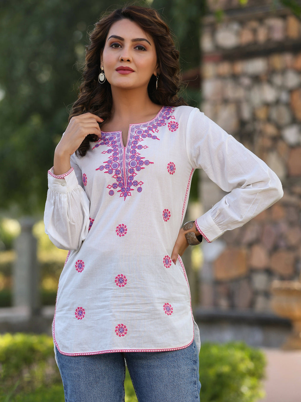 Juniper Women's Off-White Cambric Solid Embroidered Tunic | Grocsy