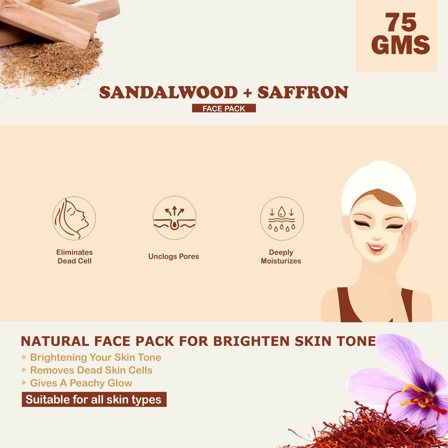 Kimayra Sandalwood + Saffron Face Pack Powder For Brighter Skin Tone, Helps In Anti-Ageing & Soothes Skin | Grocsy