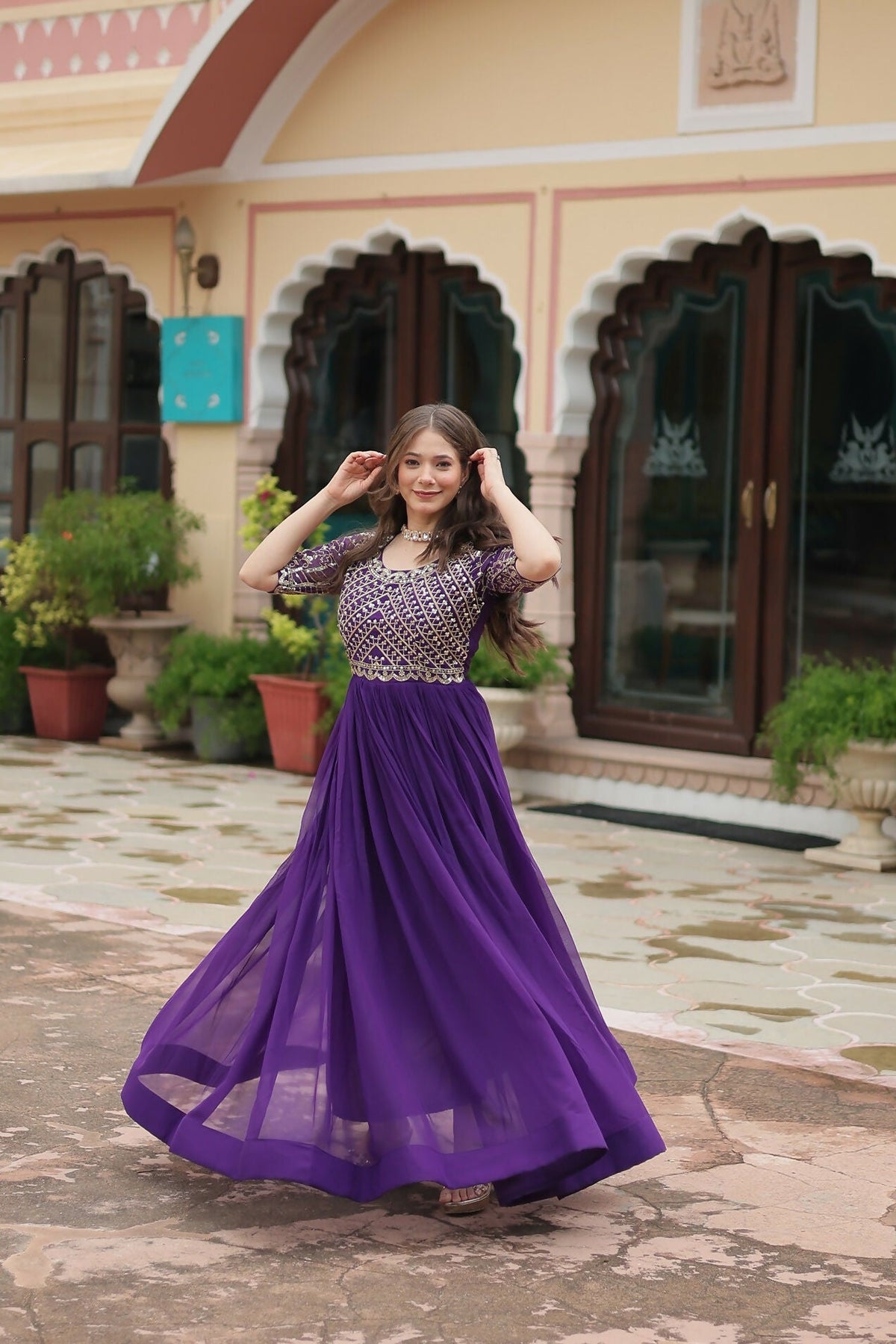 Joban Fashion Purple Georgette Sequence Embroidery Work Gown | Grocsy