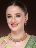 NVR Women's Gold-Polished Green Stone Studded Handcrafted Temple Jewellery Set | Grocsy
