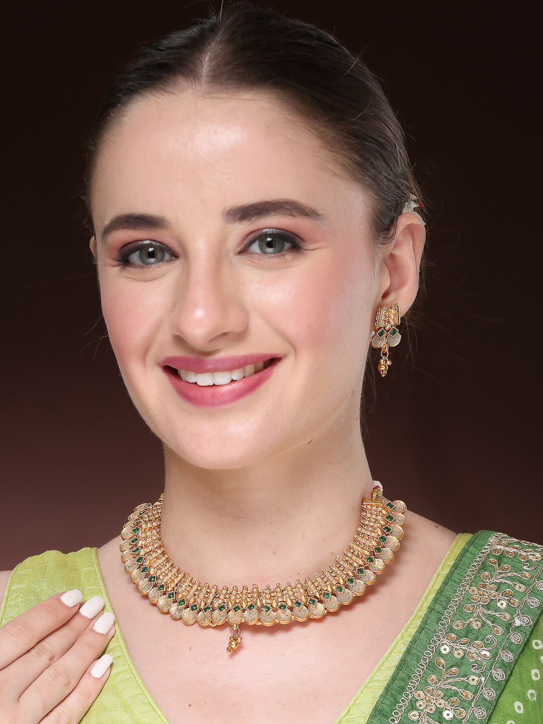 NVR Women's Gold-Polished Green Stone Studded Handcrafted Temple Jewellery Set | Grocsy