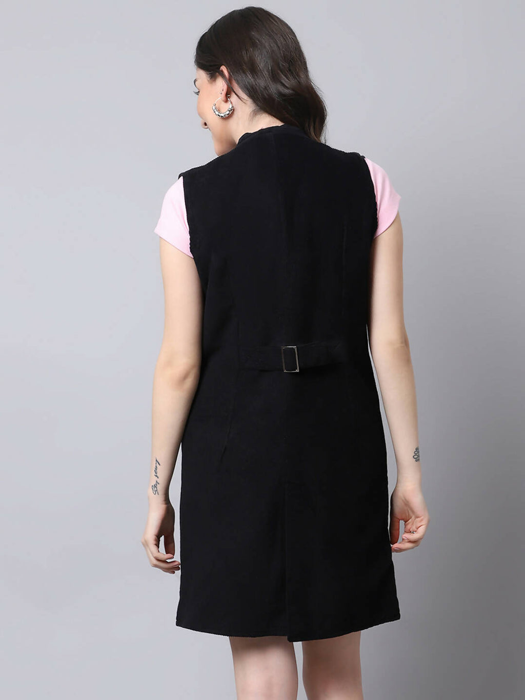 Even Apparels Black Polywool Open Front Corduroy Women's Long Coat | Grocsy