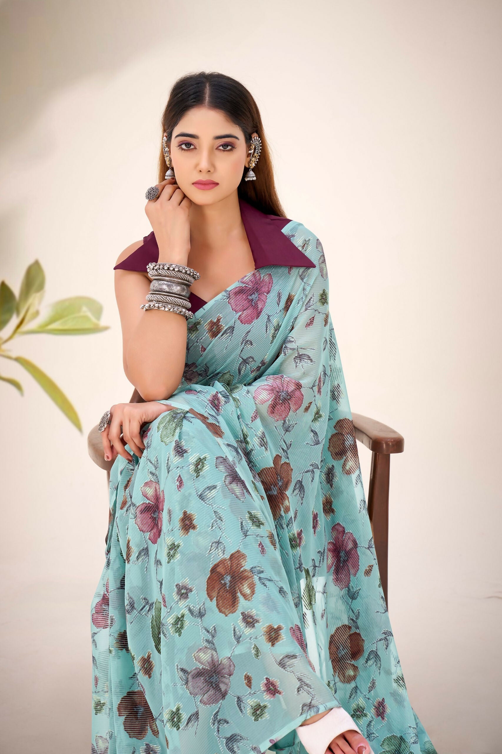 Vastranavya Sea Green Lurex Brasso Floral Printed Saree with Unstitched Blouse | Grocsy