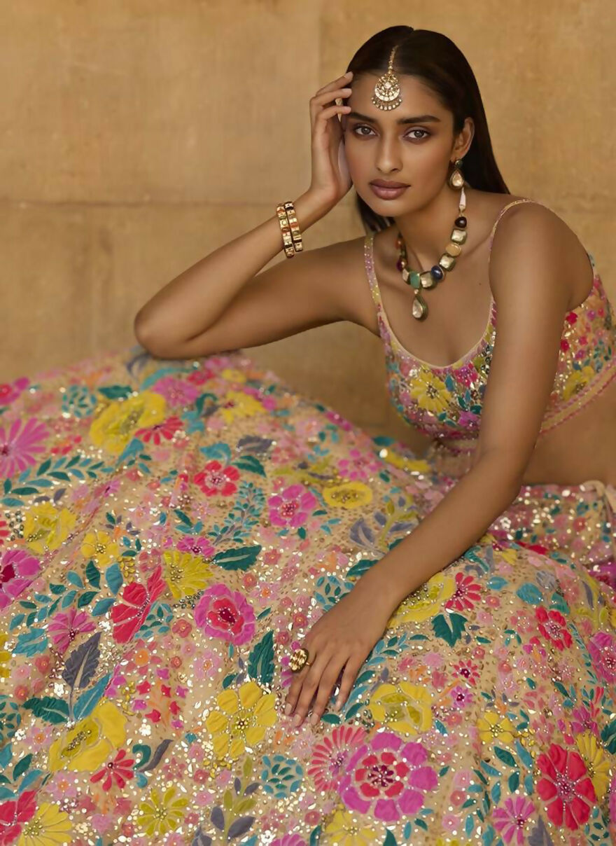 Jyoti Fashion Multicolor Thread & 5mm Sequence Embroidery Georgette Lehenga Choli with Dupatta | Grocsy