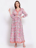 Myshka Women's Multi Printed Cotton Blend 3/4 Sleeve V Neck Casual Dress | Grocsy