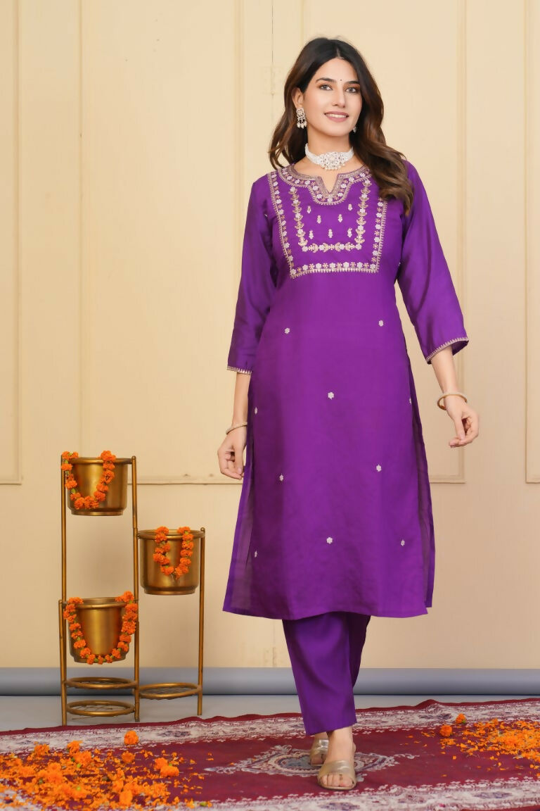 Purple Viscose Chanderi Embroidered Stitched Suit With Dupatta - Tanisha | Grocsy