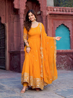 The52 Women's Beautiful Faux Georgette Fabric Embroidery Work Flared Anarkali Pant and Dupatta Set | Grocsy