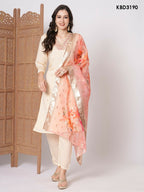 Peach PV Chanderi Embroidery Work,Printed Kurta Set - Riya | Grocsy