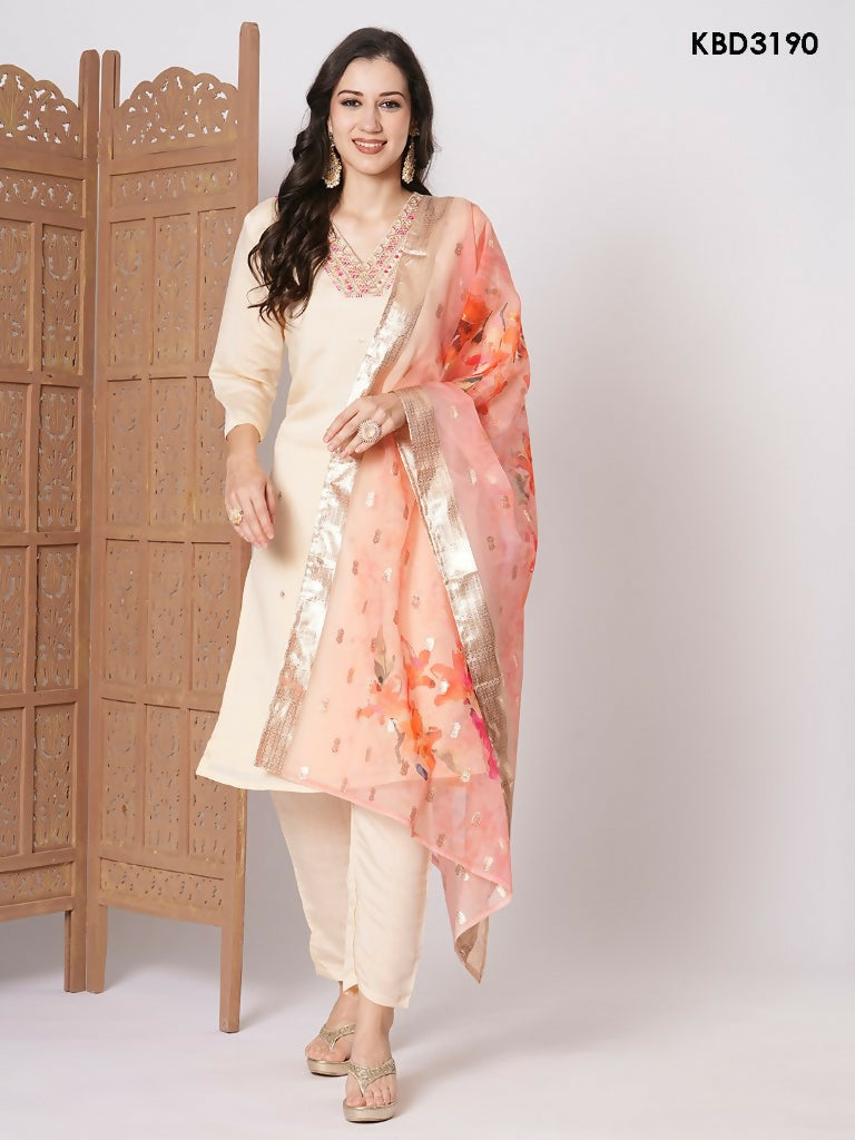 Peach PV Chanderi Embroidery Work,Printed Kurta Set - Riya | Grocsy