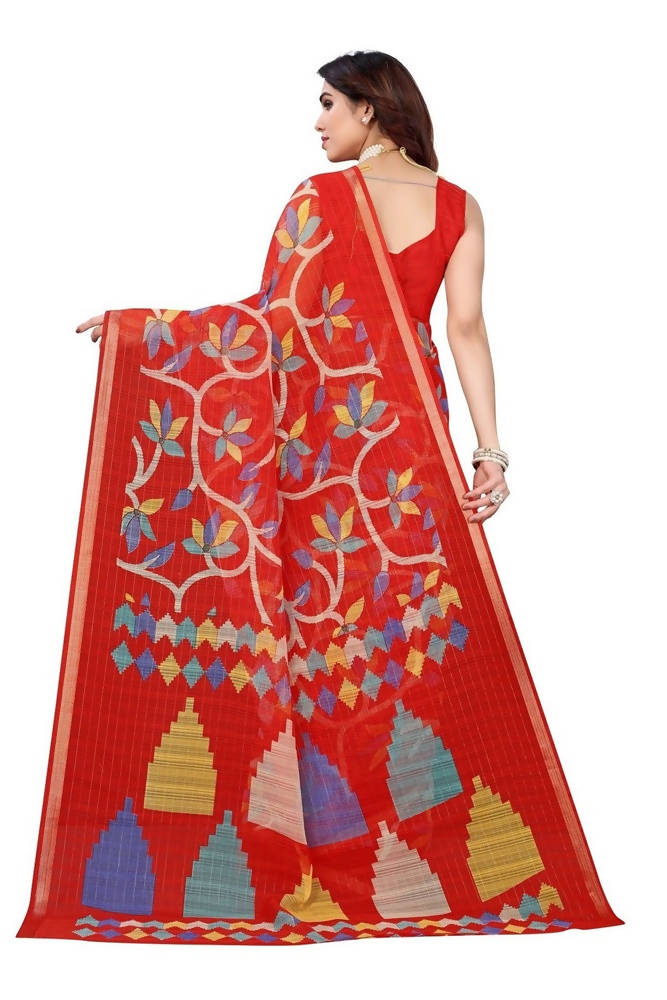 Vamika Red Linen Zari Border Beautiful Saree | Grocsy