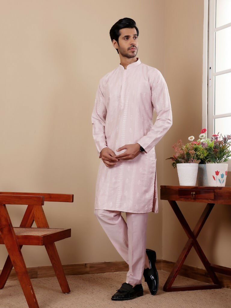 Light Pink Silk Designer Embroidery Work Men's Rajwadi Kurta Set - Mahotsav | Grocsy