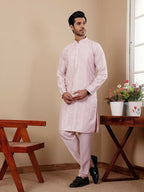Light Pink Silk Designer Embroidery Work Men's Rajwadi Kurta Set - Mahotsav | Grocsy