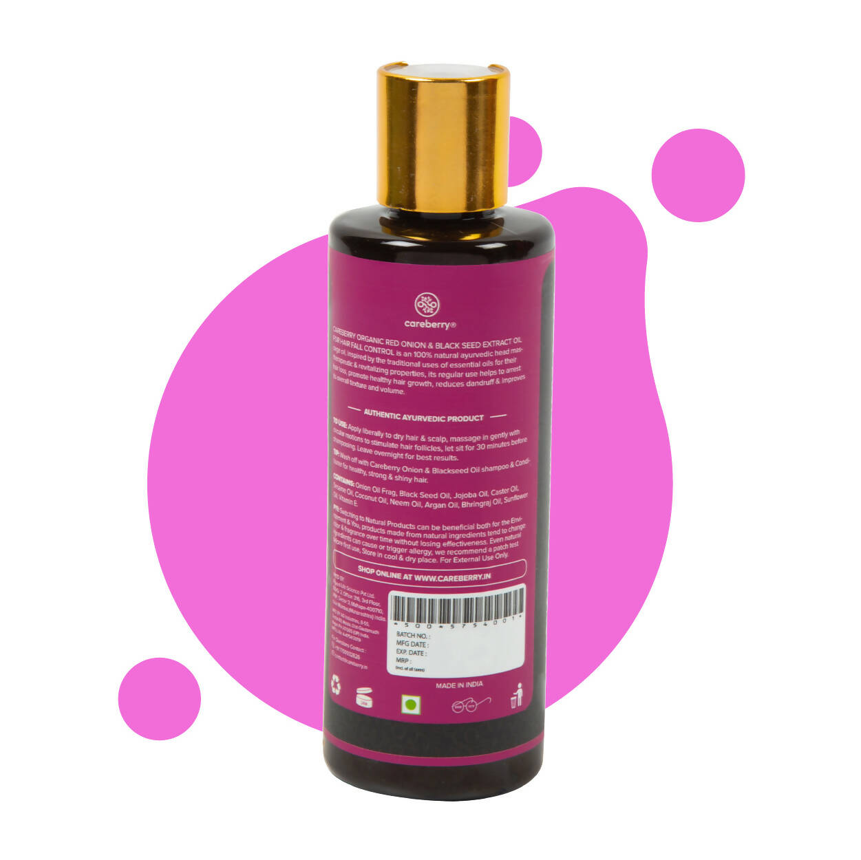 Careberry Organic Red Onion & Black Seed Extract Oil For Anti Hair Fall | Grocsy
