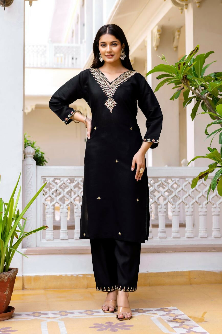 The52 Black Women's Beautiful Viscose Chanderi Fabric Embroidered Work Straight Kurta Pant and Dupatta Set | Grocsy