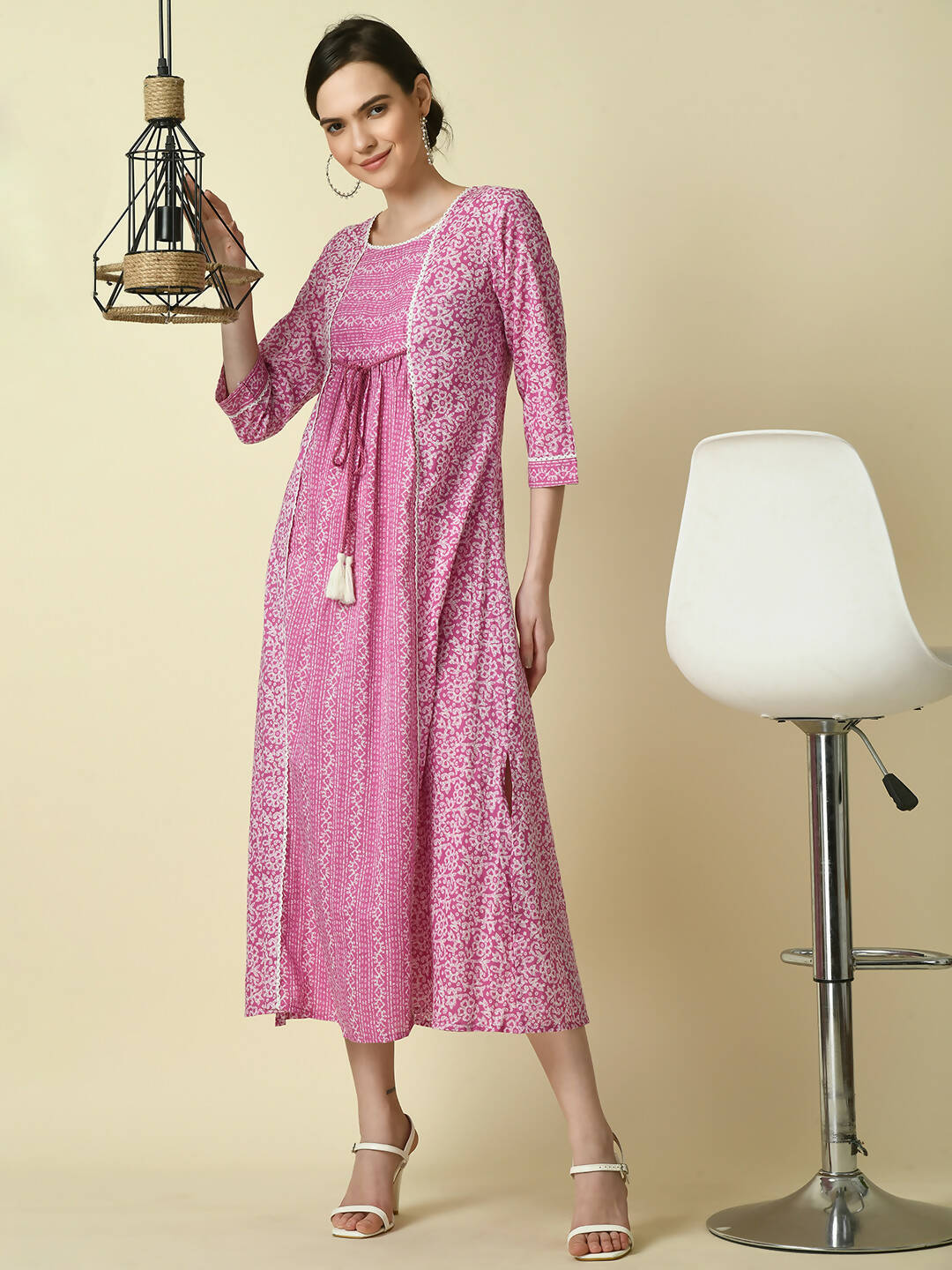 Myshka Women's Pink Floral Printed Gown Dress | Grocsy