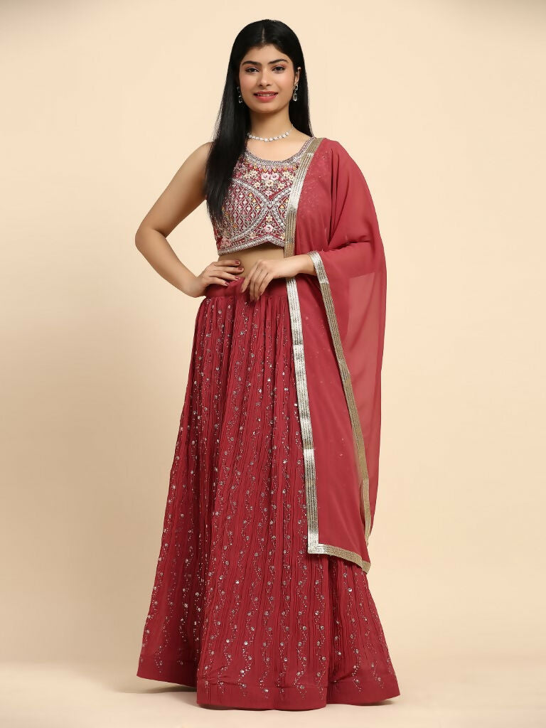 Red Georgette Embroidered Lehenga choli with Dupatta - Dhara | Grocsy