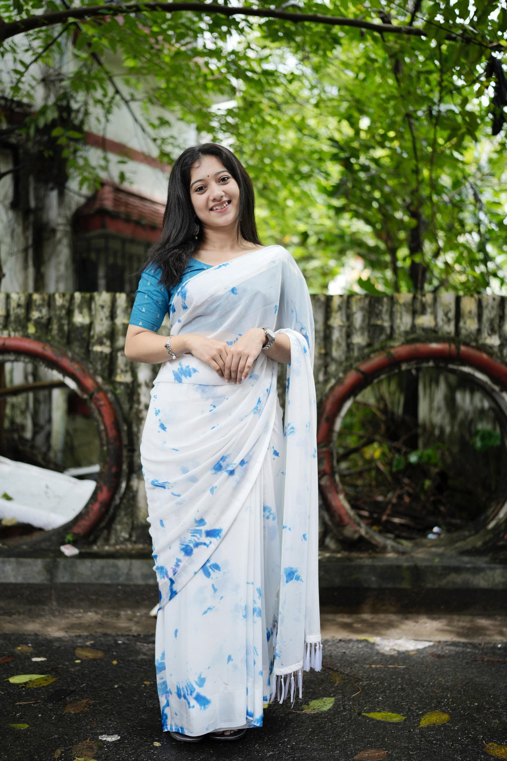 Blue Poly Georgette Tie And Dye Saree with Unstitched Blouse - A2M | Grocsy