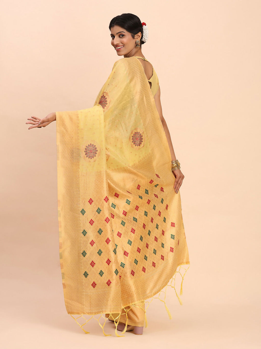 Shree Shyam Fashion Linen Cotton Yellow Saree | Grocsy