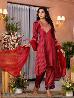Juniper Women's Red Geometric Printed Satin Asymmetrical Kurta Pant And Dupatta Set With Zari & Mirror Work | Grocsy