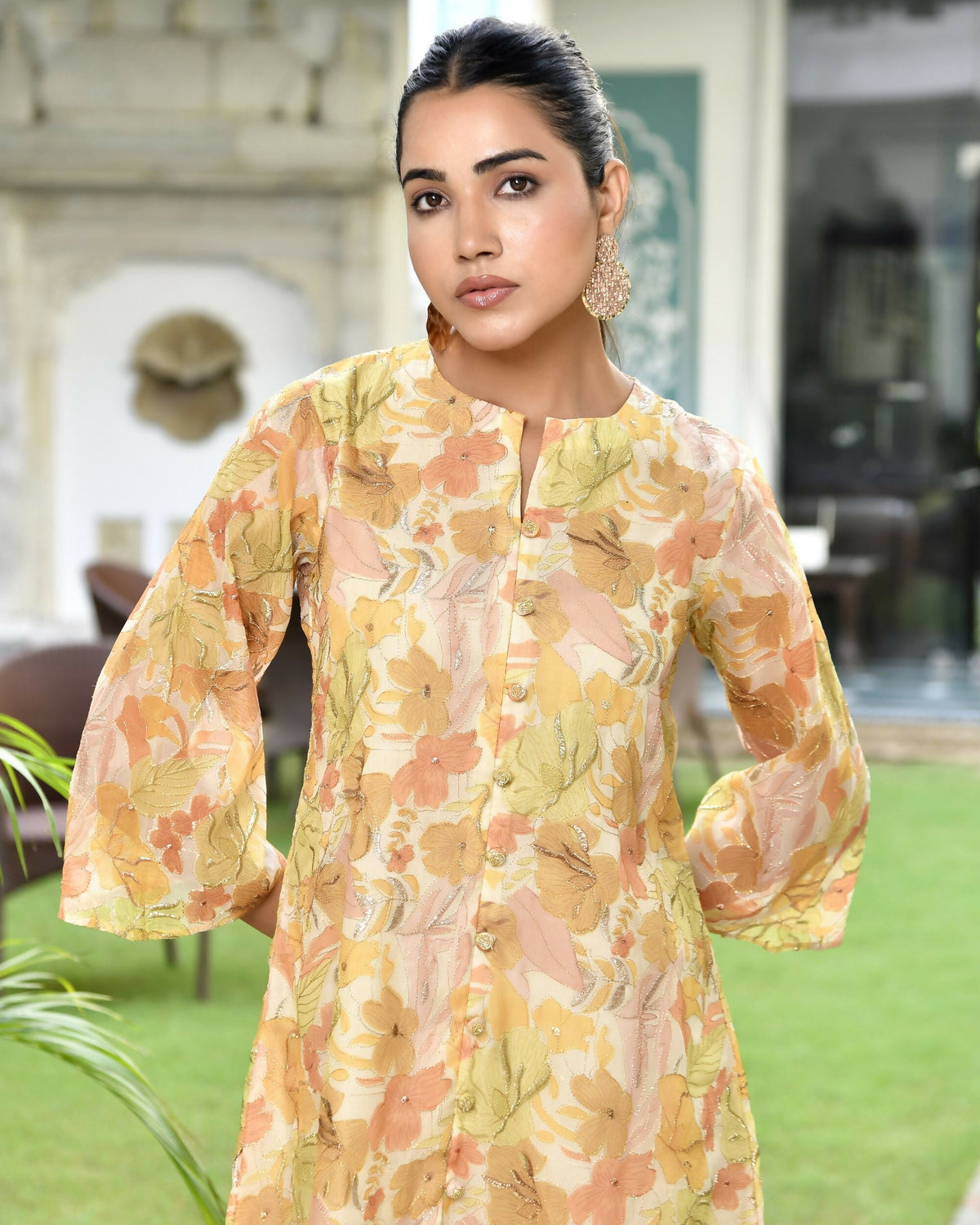 Vaasva Women's Lemon Yellow Organza Digital Printed Cord Set | Grocsy