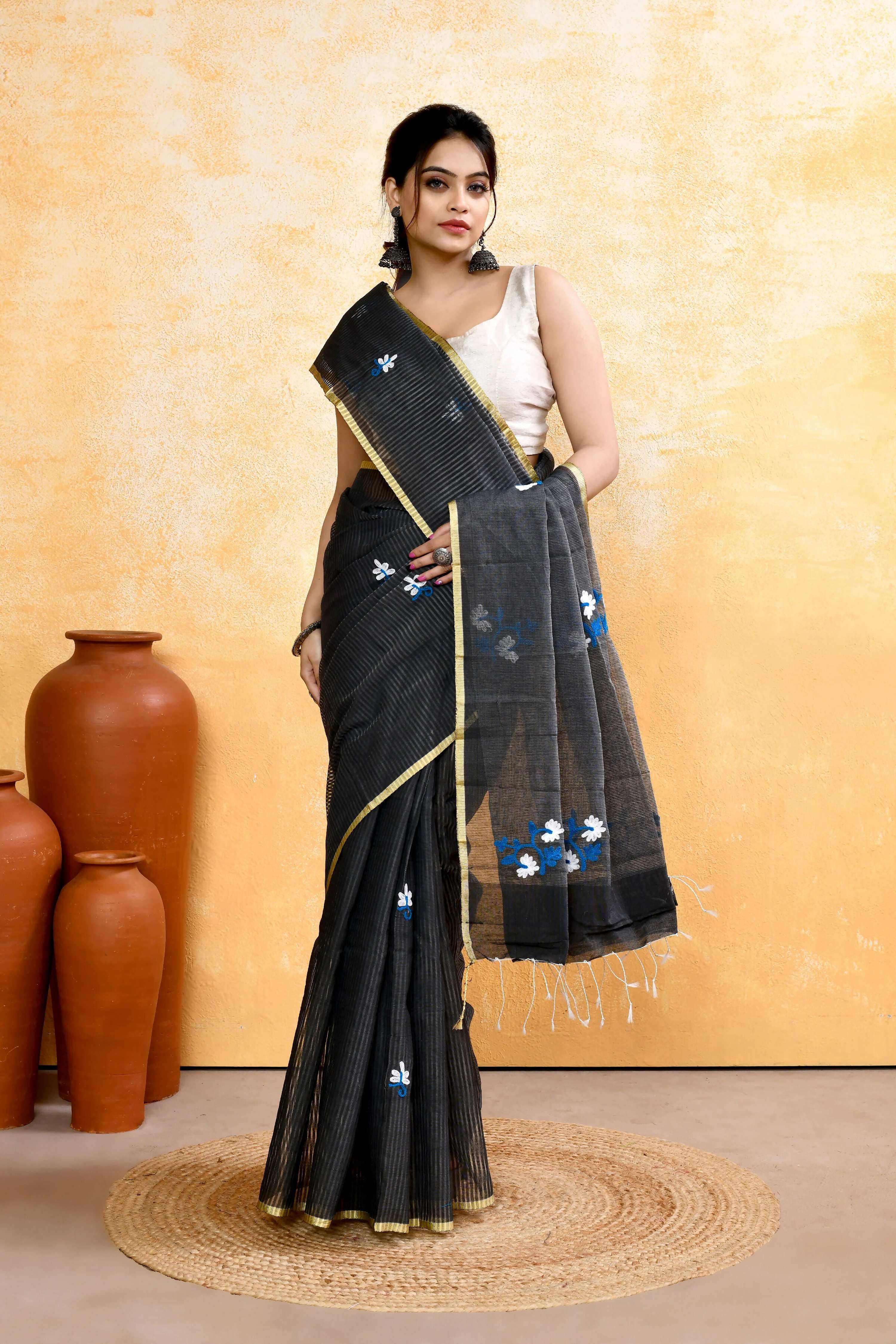 Piyari Fashion Women's Grey Embellished Cotton Blend Embroidery Saree | Grocsy