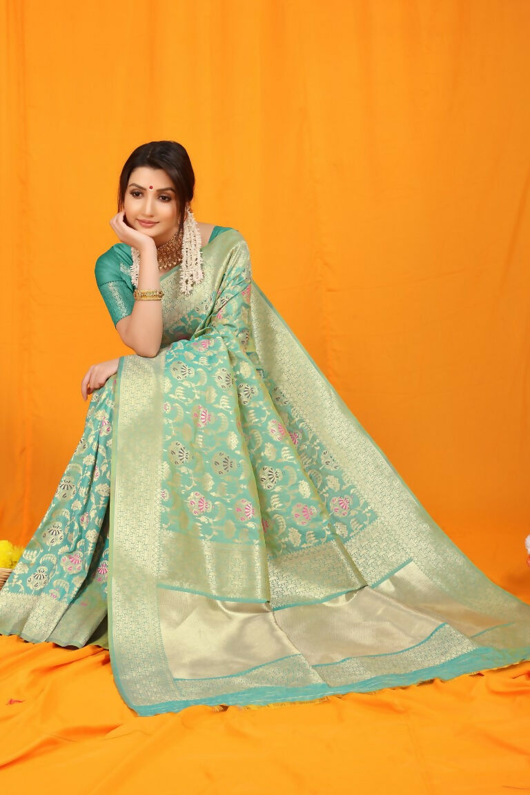 Jyoti Fashion Women's Sea Green Kanjivaram Silk Zari Woven Saree with Blouse | Grocsy