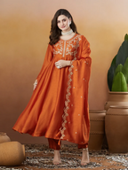 The52 Orange Women's Beautiful Vichitra Silk Fabric Embroidered Work Flared Anarkali Pant and Dupatta Set | Grocsy