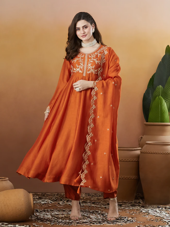 The52 Orange Women's Beautiful Vichitra Silk Fabric Embroidered Work Flared Anarkali Pant and Dupatta Set | Grocsy