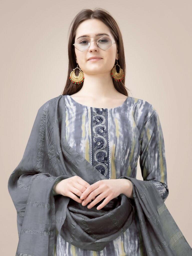 Jyoti Fashion Women's Grey Rayon Print with Embroidery & Fancy Lace Work Kurta with Trouser & Dupatta | Grocsy