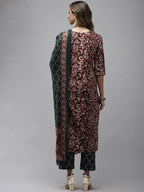 Yufta Women Mauve & Green Ethnic Motifs Printed Sequined Cotton Kurta Set & Dupatta | Grocsy