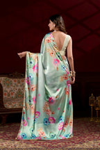 Vastranavya Pista Satin Silk Floral Printed with Pearl Lace Saree with Unstitched Blouse | Grocsy