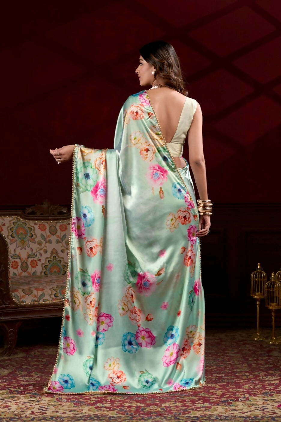 Vastranavya Pista Satin Silk Floral Printed with Pearl Lace Saree with Unstitched Blouse | Grocsy