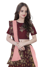 Dwiden Maroon Baby Doll Tafetta Sattin Semi-Stitched Girl's Lehenga Choli | Grocsy