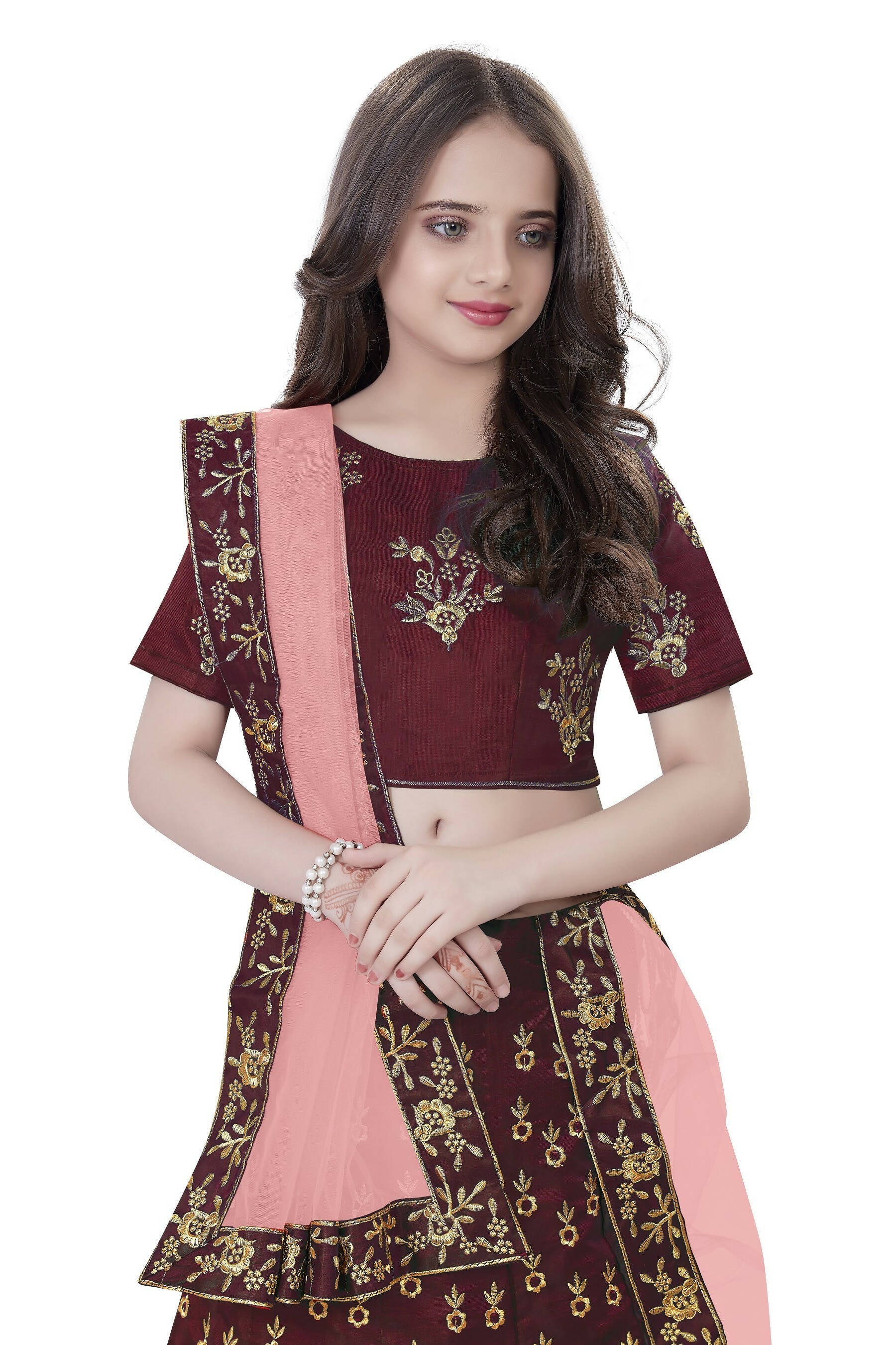 Dwiden Maroon Baby Doll Tafetta Sattin Semi-Stitched Girl's Lehenga Choli | Grocsy