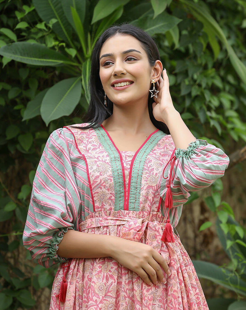 Kaajh Women's Pink Hand Block Printed Dress | Grocsy