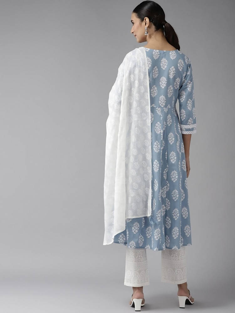 Yufta Blue & White A-Line Dupatta Set | Grocsy