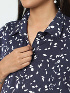 Manet Three Fourth Maternity Dress White Dot Print With Concealed Zipper Nursing Access - Navy Blue | Grocsy