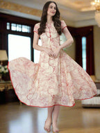 Souchii Floral Tiered Midi Dress For Women – Elegant Beige Button-Front A-Line | Grocsy