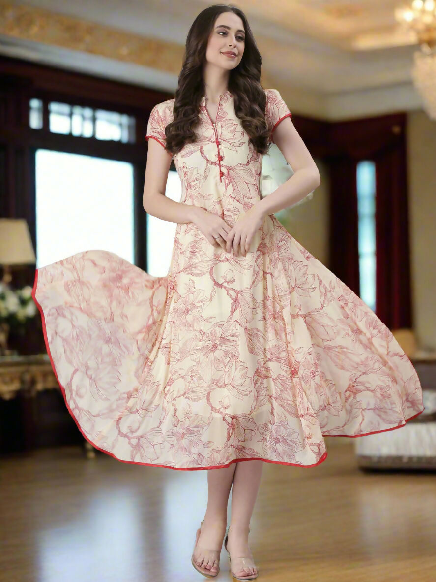 Souchii Floral Tiered Midi Dress For Women – Elegant Beige Button-Front A-Line | Grocsy