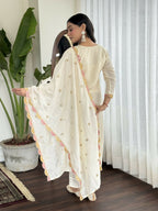 Cream Viscose chanderi Stitched Suit With Dupatta - Tanisha | Grocsy