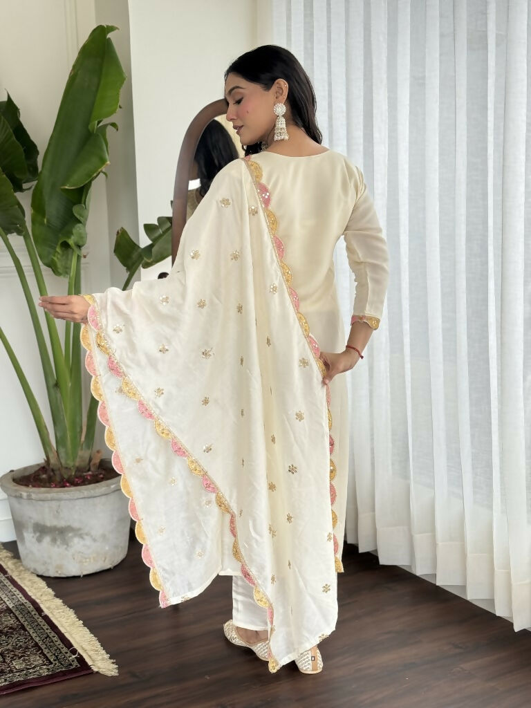 Cream Viscose chanderi Stitched Suit With Dupatta - Tanisha | Grocsy