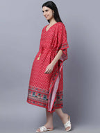 Myshka Women's Red White Ethnic Motifs Printed Kaftan Midi Dress | Grocsy
