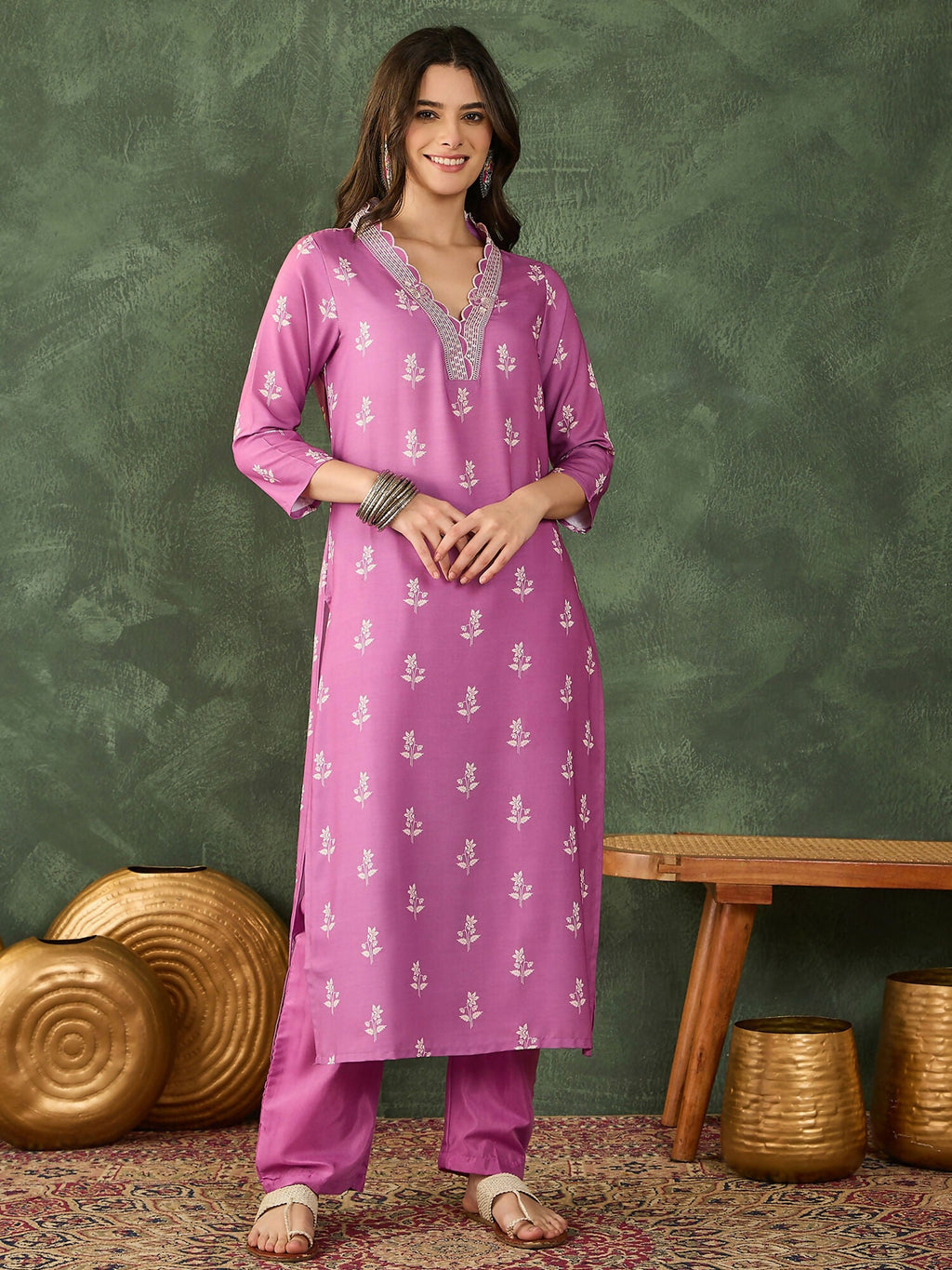 The52 Women's Gorgeous Rayon Fabric Printed Work Straight Kurta Pant and Dupatta Set-Onion | Grocsy