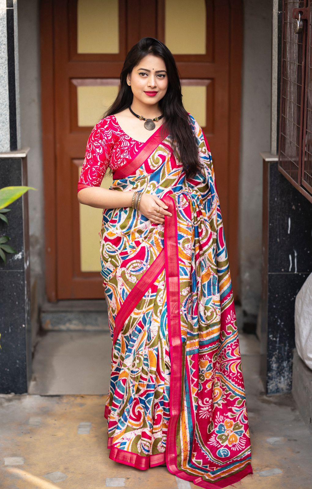 Rani Cotton Crepe Batik Print Saree with Unstitched Blouse - Hiral Fashion | Grocsy