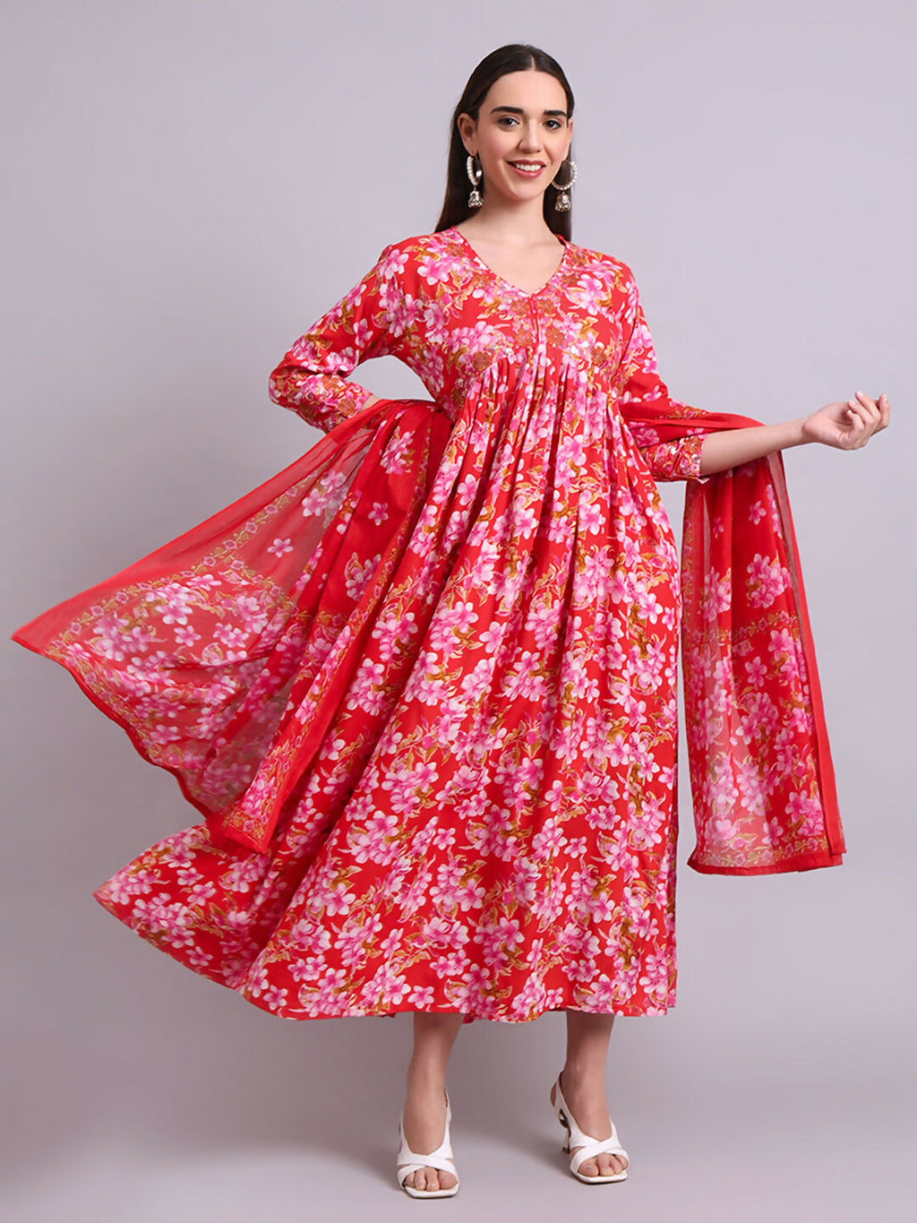 Joban Fashion Red Cotton Floral Printed & Embroidery Work Anarkali Dress With Dupatta Set | Grocsy