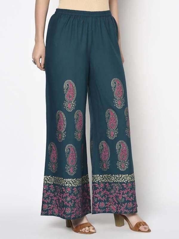 Aniyah Rayon Teal Blue Color Block Print Flared Slip-On Palazzo (AN-222K) | Grocsy