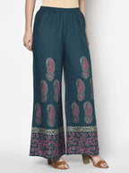 Aniyah Rayon Teal Blue Color Block Print Flared Slip-On Palazzo (AN-222K) | Grocsy