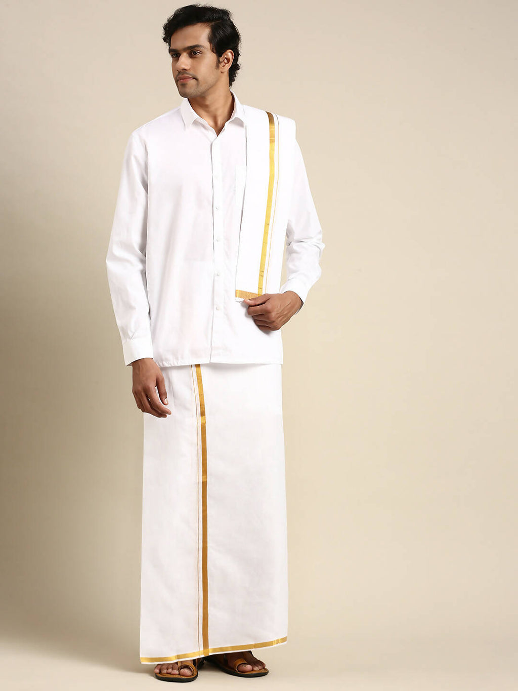 Ramraj Cotton Premium Wedding White Regular Dhoti, Shirt & Towel Set Arathi 1/2" | Grocsy